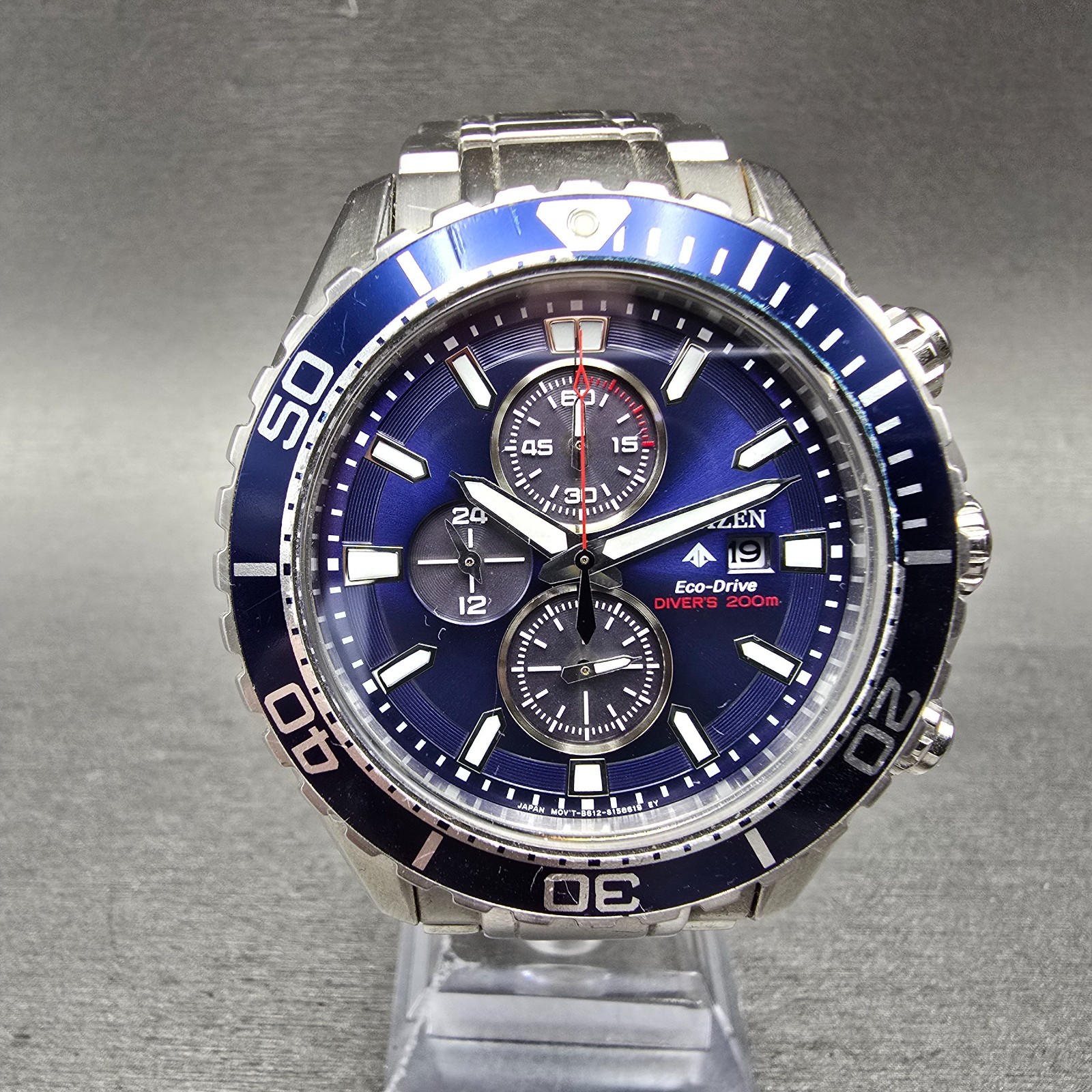 Citizen Eco-Drive Dive Chronograph Watch Men 44mm Blue Dial Steel Date Runs
