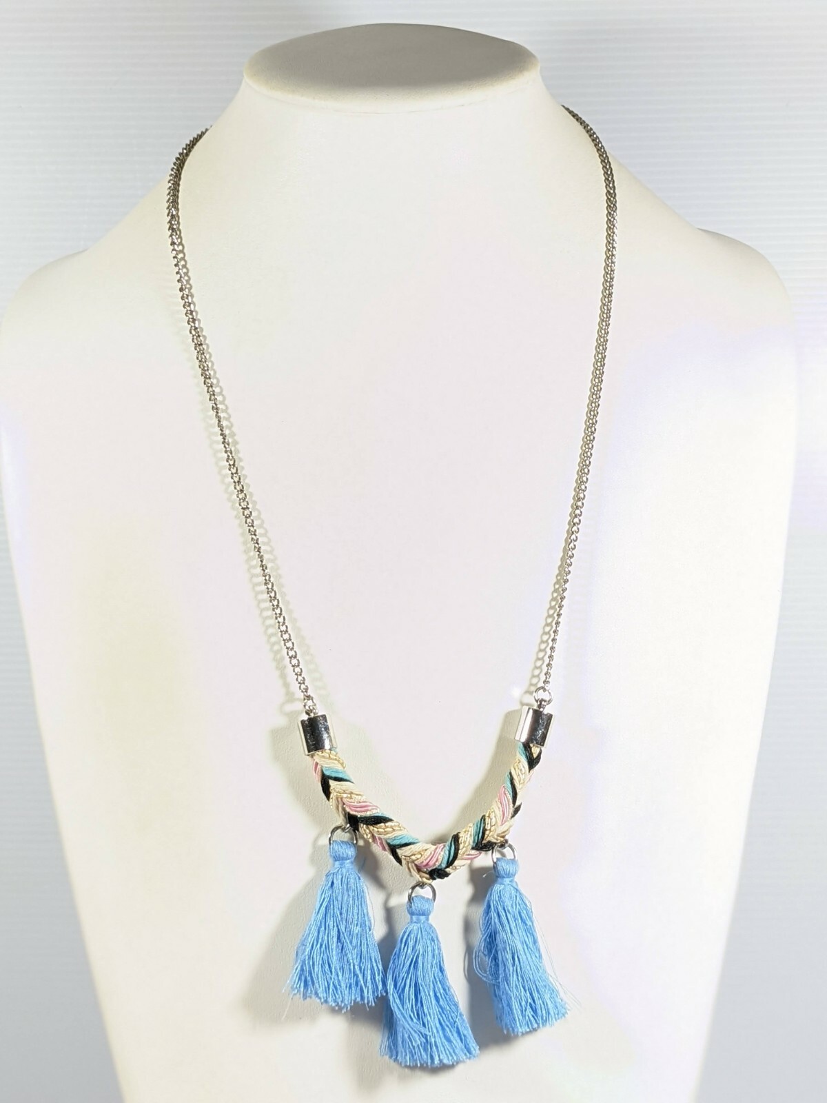 Silver Tone Blue Tassel Black Ivory Pink Braided Cord Necklace 25 inches