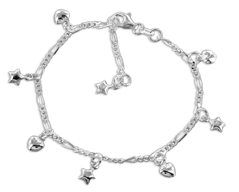925 REAL SILVER *** Bracelet with Hearts and Stars, 16-18 cm Adjustable