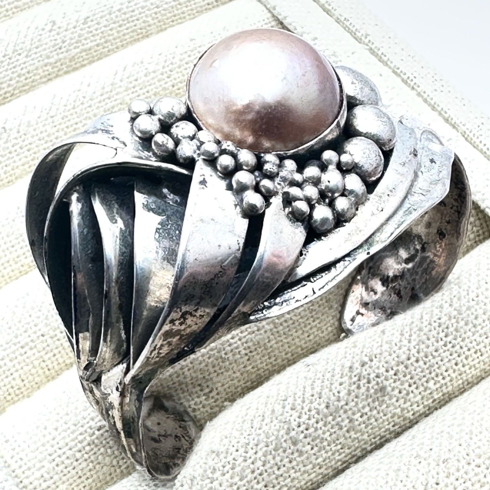 Isreal Artisan Pink Pearl Sterling Silver Cuff Bracelet 43 Grams Adjustable