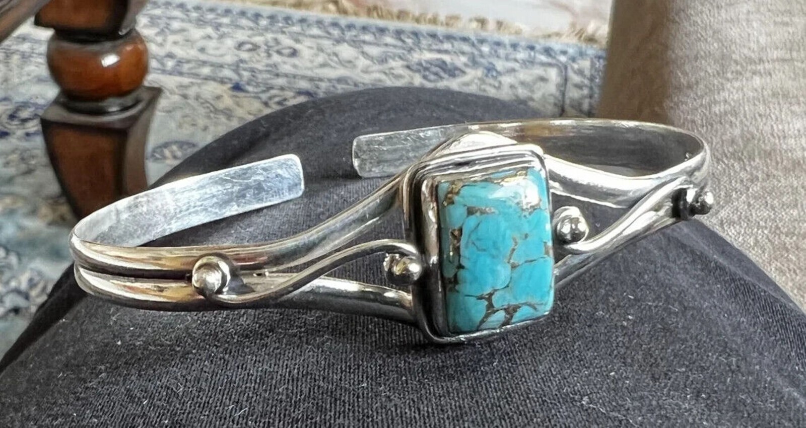 Blue Copper Turquoise Gemstone 925 Sterling Silver Adjustable Bangle SR1219