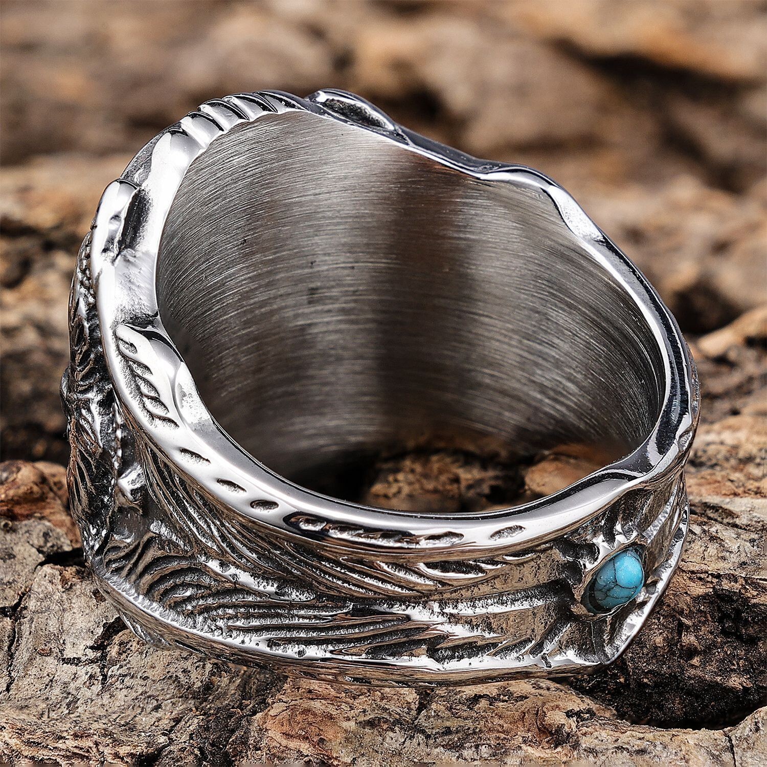 Mens Large Biker Eagle Turquoise Stone Ring Men Stainless Steel Size 7-15