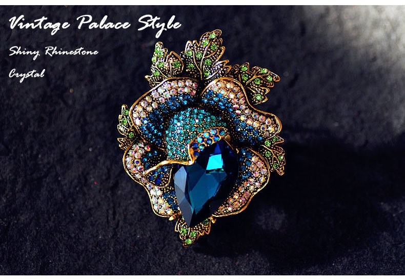 Vintage Floral Brooch Pin Multicolor Crystal Rhinestone Gold Tone Statement Jewe