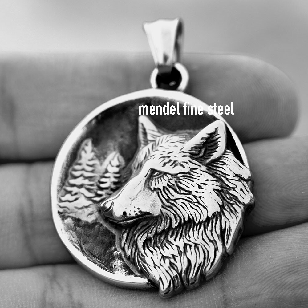 MENDEL Mens Stainless Steel Gold Plate Viking Wolf Head Pendant Necklace For Men