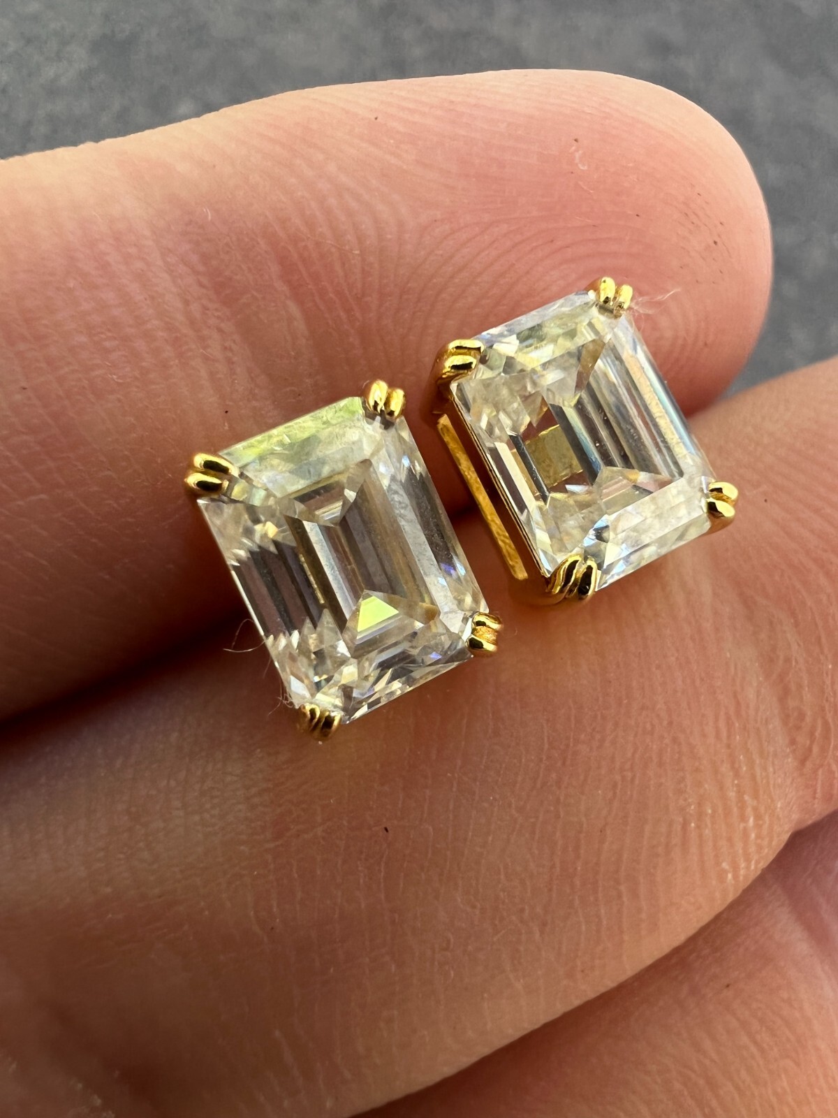 Emerald Cut Real Moissanite Solitaire Stud Earrings 14ct Gold Plated 925 Silver
