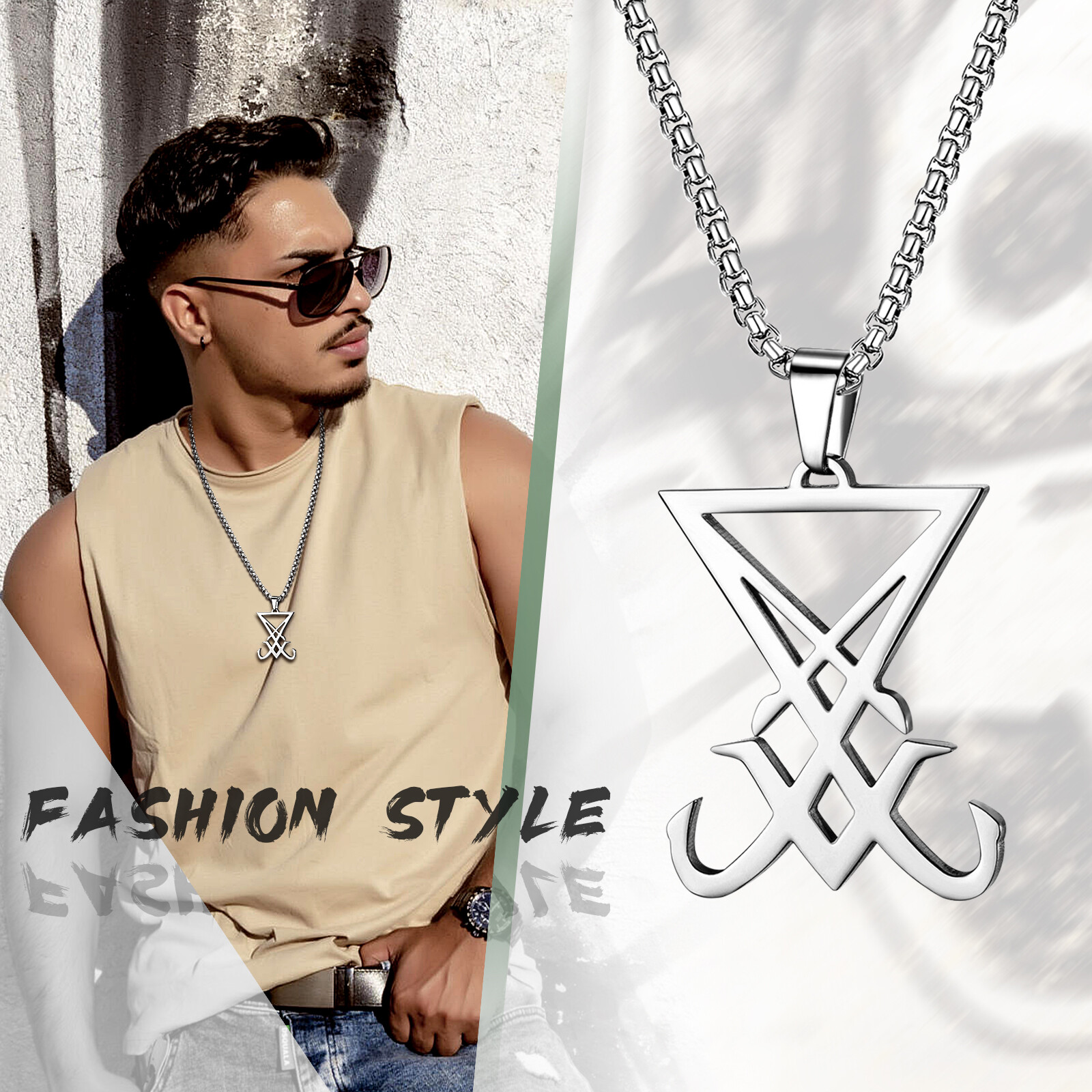 Sigil of Lucifer Pendant Necklace Mens Satanic Amulet Stainless Steel Chain 24″
