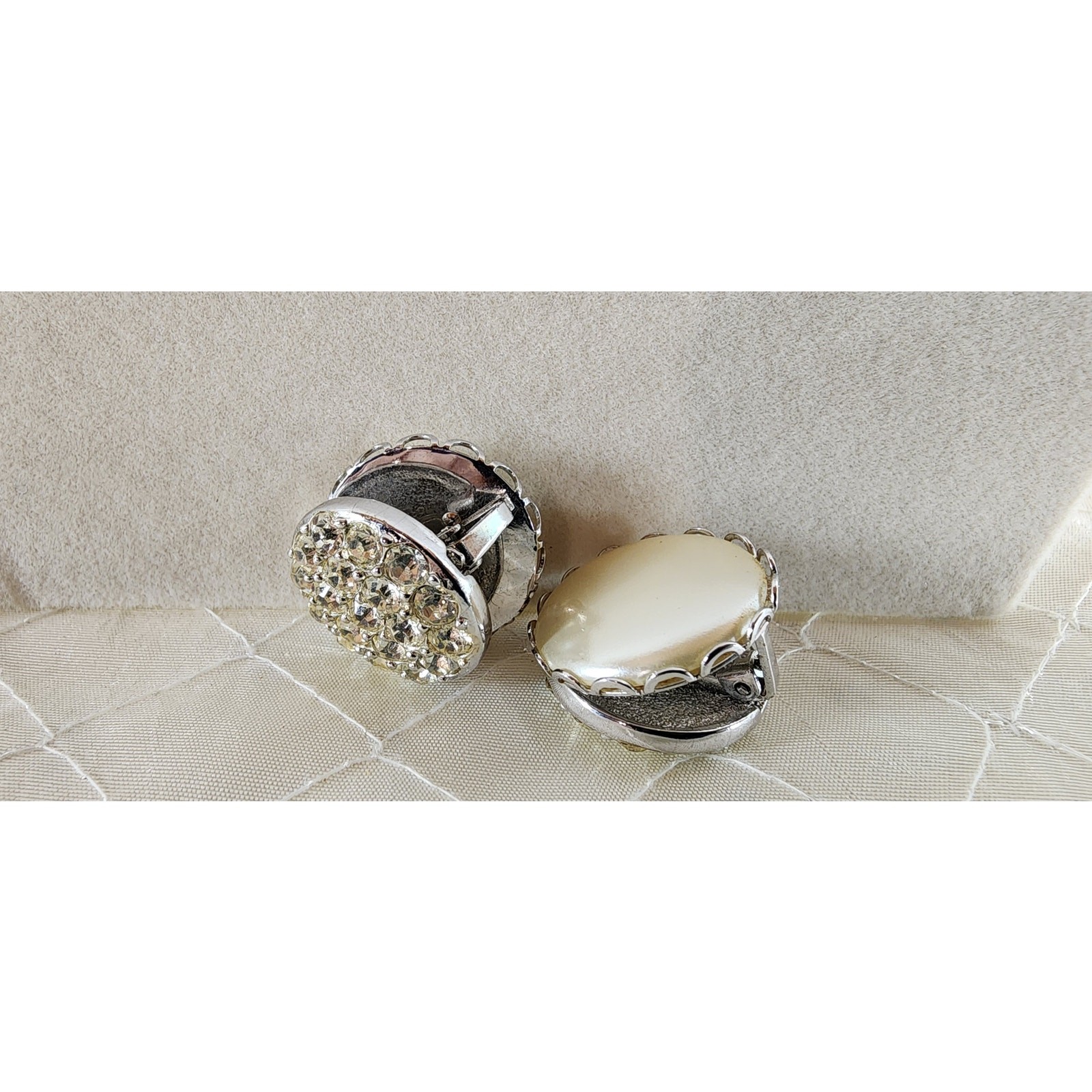 Vintage Sarah Coventry Reversible Clip-On Earrings Faux Pearl Rhinestone Signed