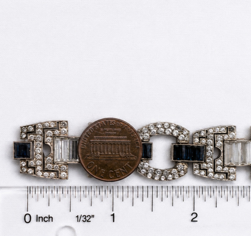 Antique Art Deco 935 Silver Bracelet Blue Clear Glass Argentina 7 7/8 in