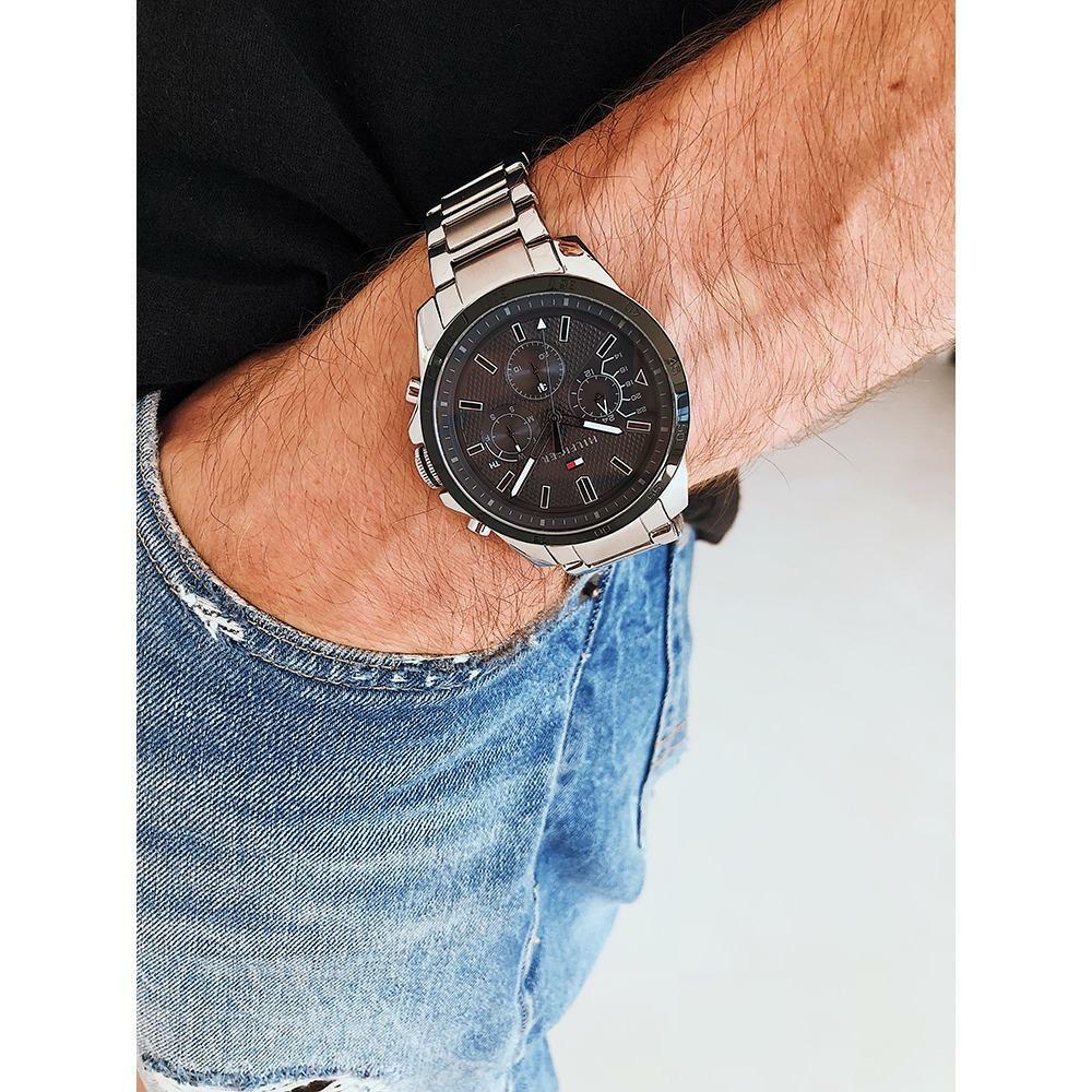 NEW TOMMY HILFIGER “ICONIC” TH1791564 SILVER/BLACK CHRONOGRAPH MENS WATCH