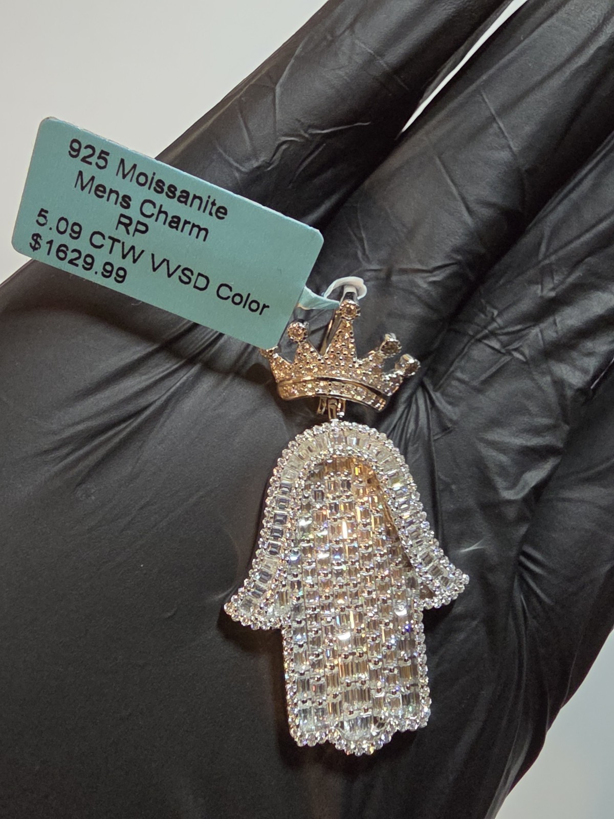 925 Moissanite Men’s Charm – Hamsa Hand with Crown | 5.09 CTW VVSD