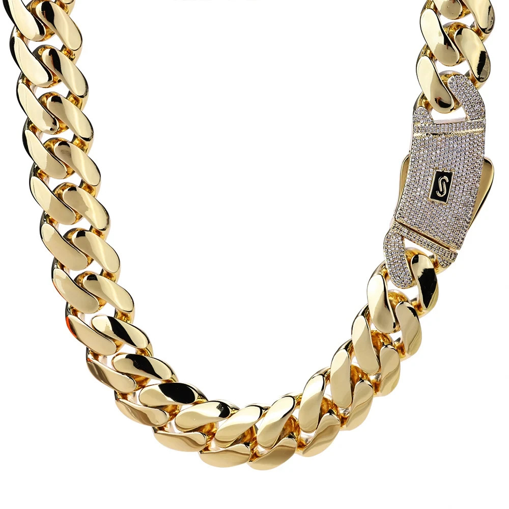 5AAA+ CZ 20mm Cuban Link Chain Necklace Bracelet Gold Plated Brass Iced Out
