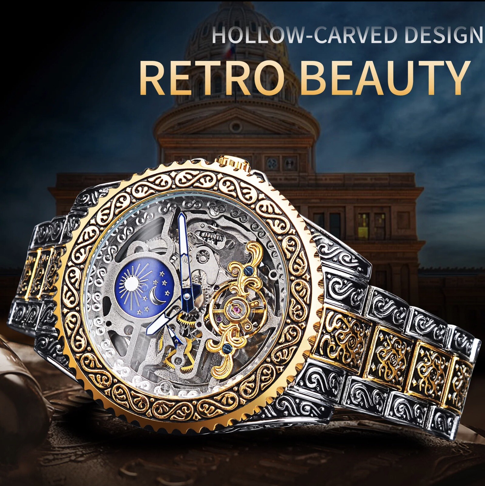 Forsining Skeleton Carved Tourbillon Mechanical Moon Dial Mens Watch waterproof