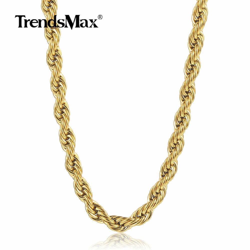3-7MM Gold Plated Stainless Steel Diamond Cut Twisted Rope Chain Necklace 16-32″