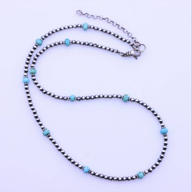 Blue Genuine Kingman 4mm Turquoise and Navajo Pearl Beaded Gemstone Necklace