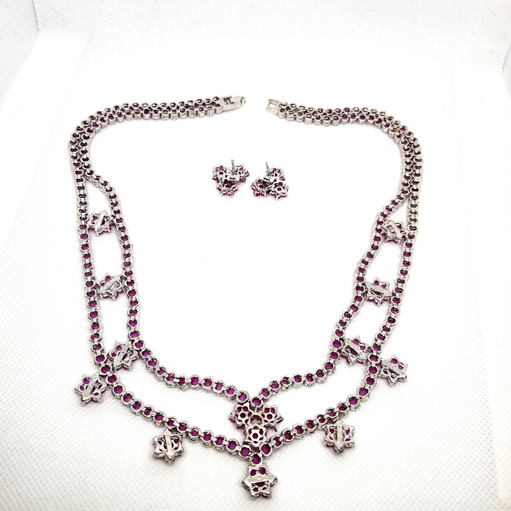 Necklace set Ruby simulated 18K White Gold Filled Flower bridal gems VTG look A