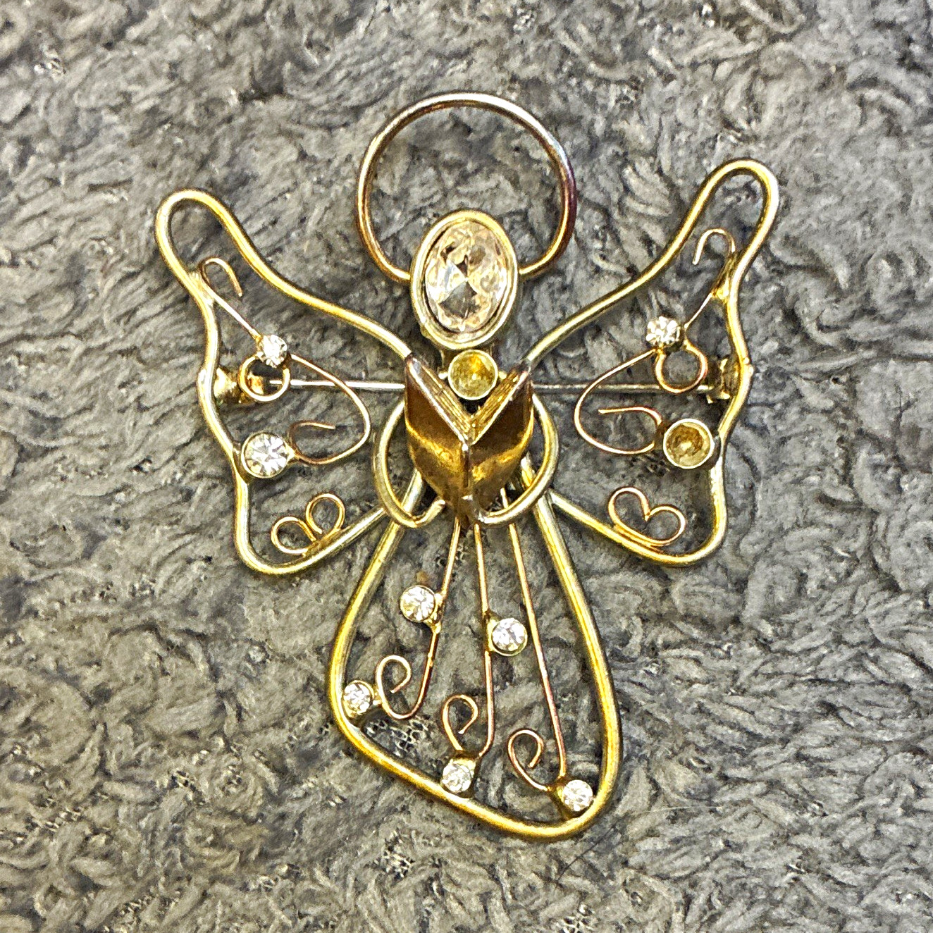 Gold Tone Angel Brooch Pin with Clear Oval Rhinestones Metal Jewelry