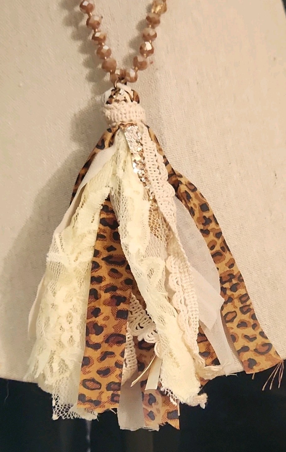 Brown Beige Beaded Ball Chain Necklace Leopard Print Lace Tassel Pendant