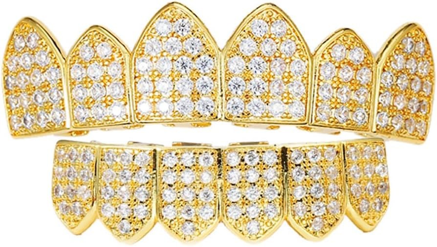 14K GP HipHop Teeth Dental Caps Grillz Top&Bottom Grills Set W/ Wax Real CZ