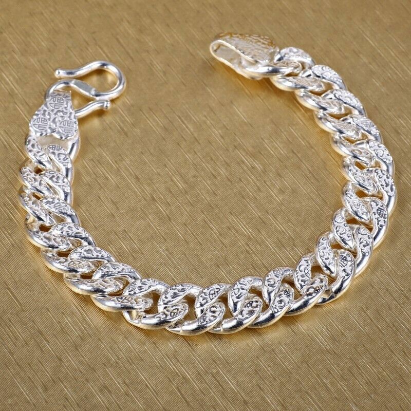 Real 999 Pure Silver Bracelet Women Men 9/10/11mm 福 Curban Curb Link Chain