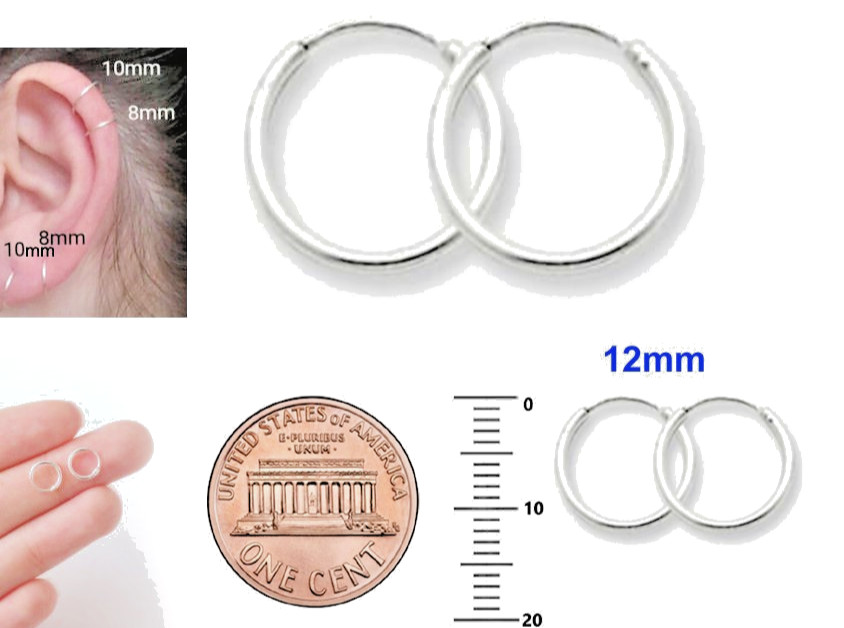 Creoles Mini Hoop Sterling Silver 925 Endless Earrings 12mm 1pair USA Seller