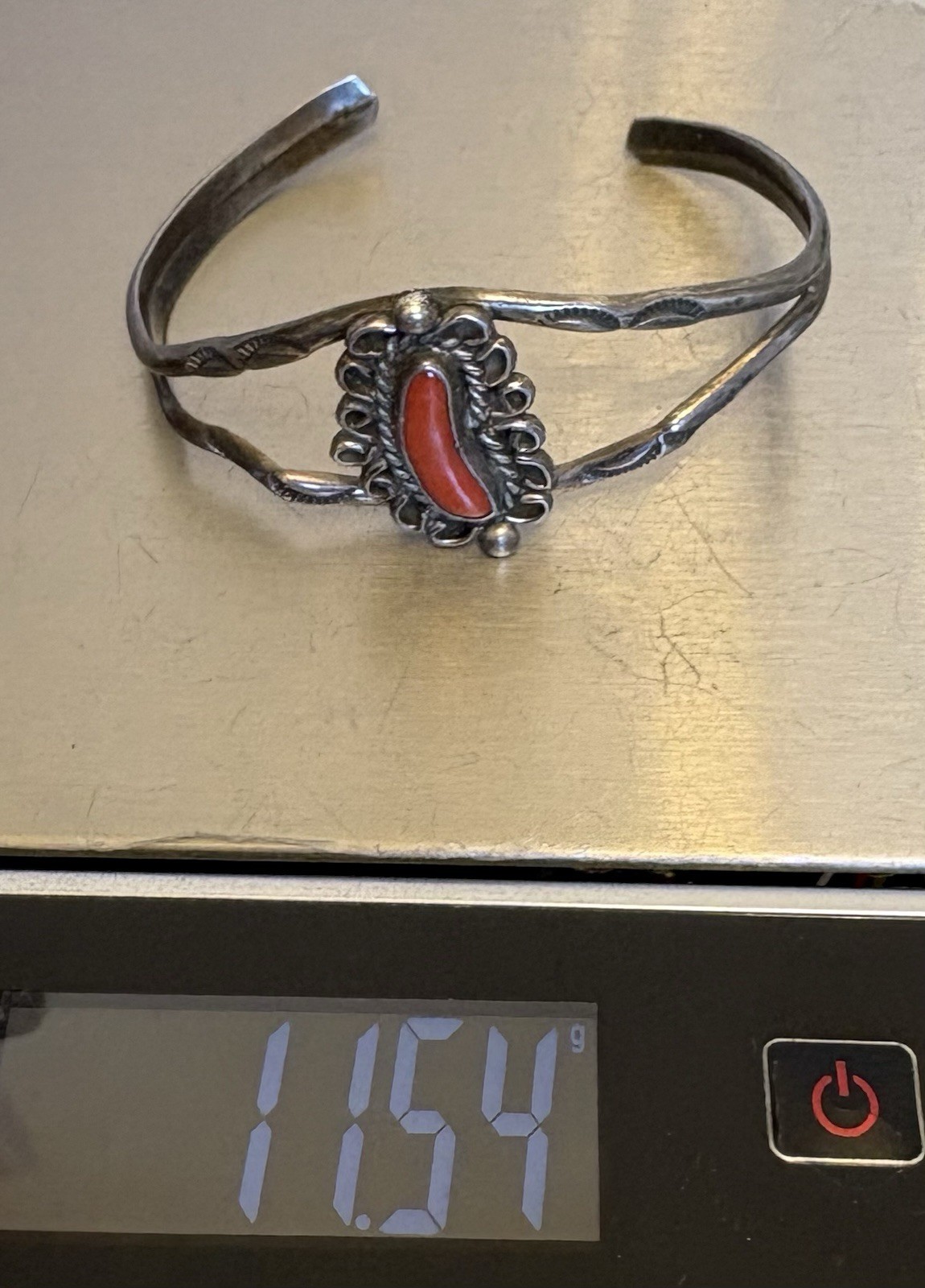 Vintage Navajo Sterling Silver Red Coral Cuff Stampwork Signed JJJ Bracelet READ