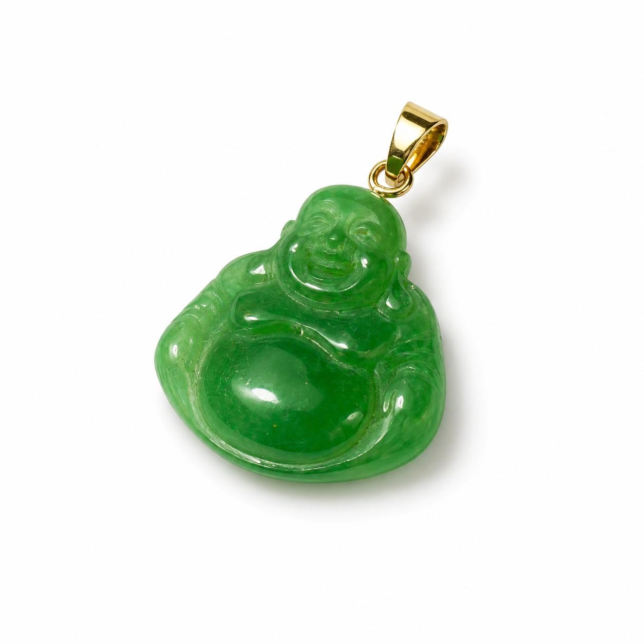 14K Real Gold Jade Happy Buddha Pendant t Green 25mm x 17mm