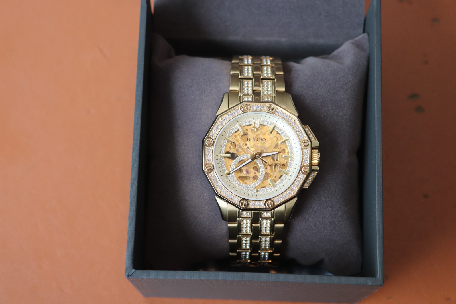 Bulova Octava Automatic Gold Tone Stainless St. Crystal Accent Men Watch 98A292