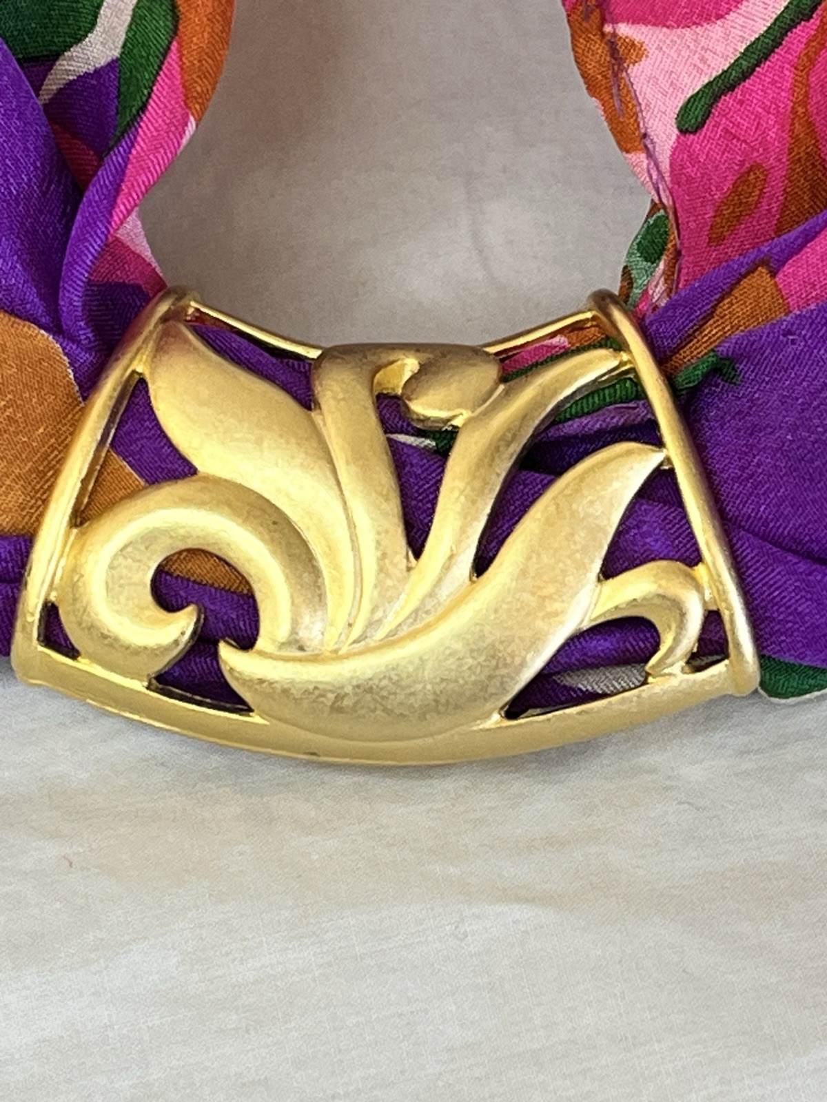 Vintage Scarf Slide Ring with Floral Design Gold Tone