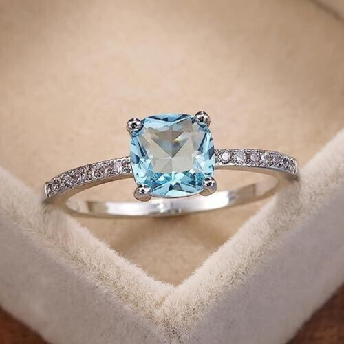 Silver Plated 2Ct Simulated Aquamarine Beautiful Dainty Ring Wife Valentine Gift