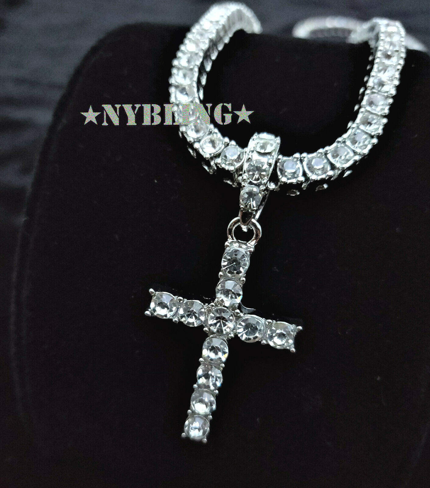 14k Gold Plated Tennis Chain Cross Pendant CZ Choker Necklace ICED Jewelry 5MM