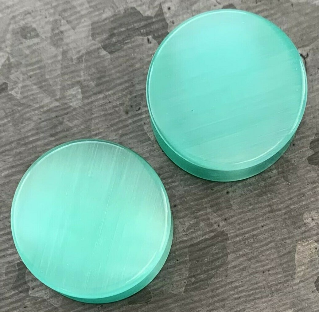 PAIR Sea Foam Green Cat Eye Stone Plugs Double Flare Gauges