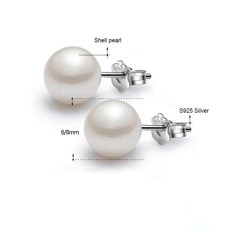 Round Shape Lab Created Shell Pearl Stud Earrings for Women in 925 Silver