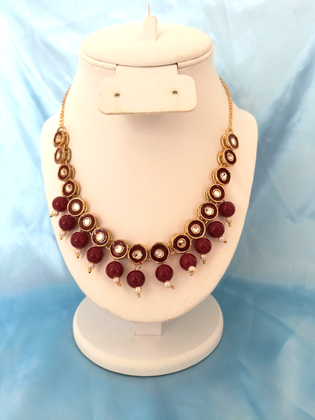 Women’s Statement Necklace Red Gold White Clear Colors with Gold Tone Chain