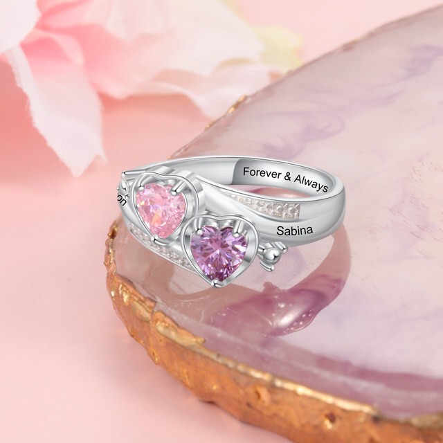 Customized Two Name Birthstone Ring Engraved Jewelry Partner Gift Romance Heart