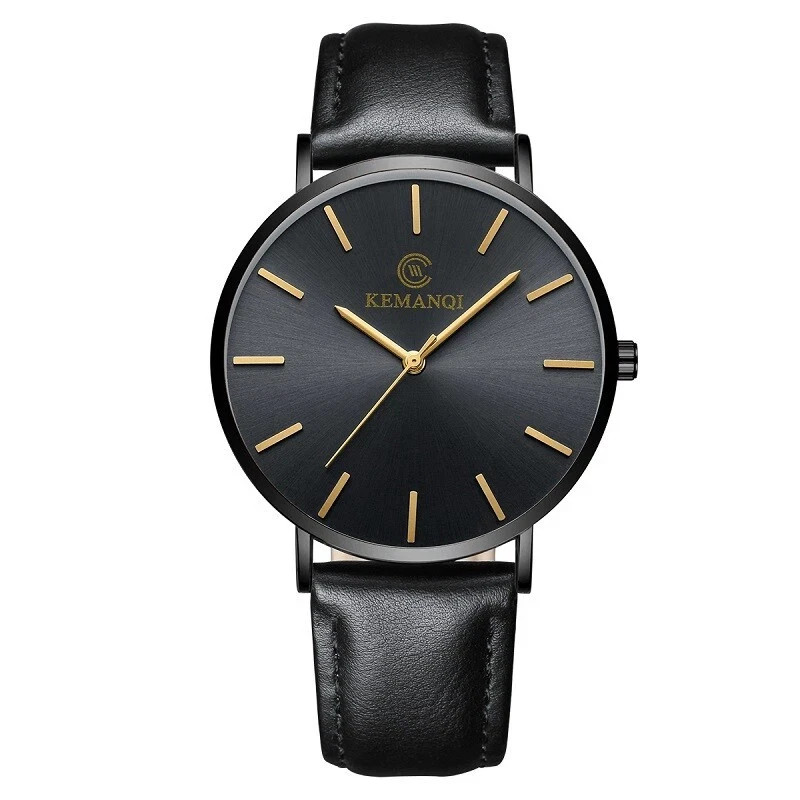Men Trendy Ultra Thin Minimalist Watch Slim Leather Strap Stainless Steel Quartz