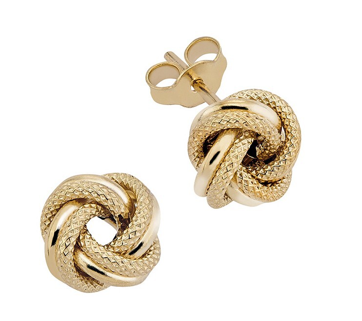 375 REAL GOLD *** Stud Earrings Knot Textured 9mm Dia
