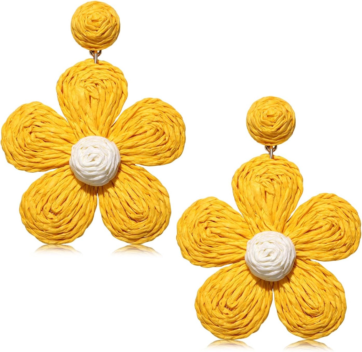 Rattan Flower Drop Earrings Raffia Straw Dangle Beach Jewelry Women