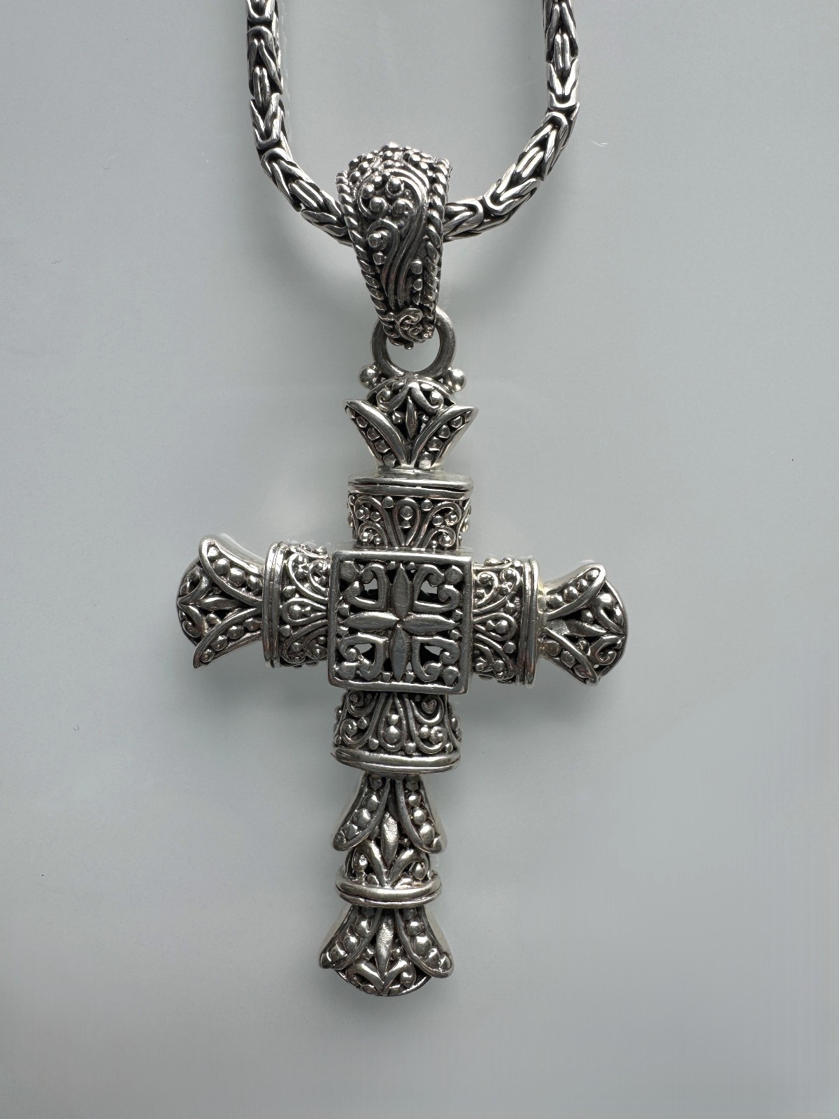 SARDA Bali 925 Sterling Silver 20″+4″ Byzantine Chain & 2.7″ Cross Pendant