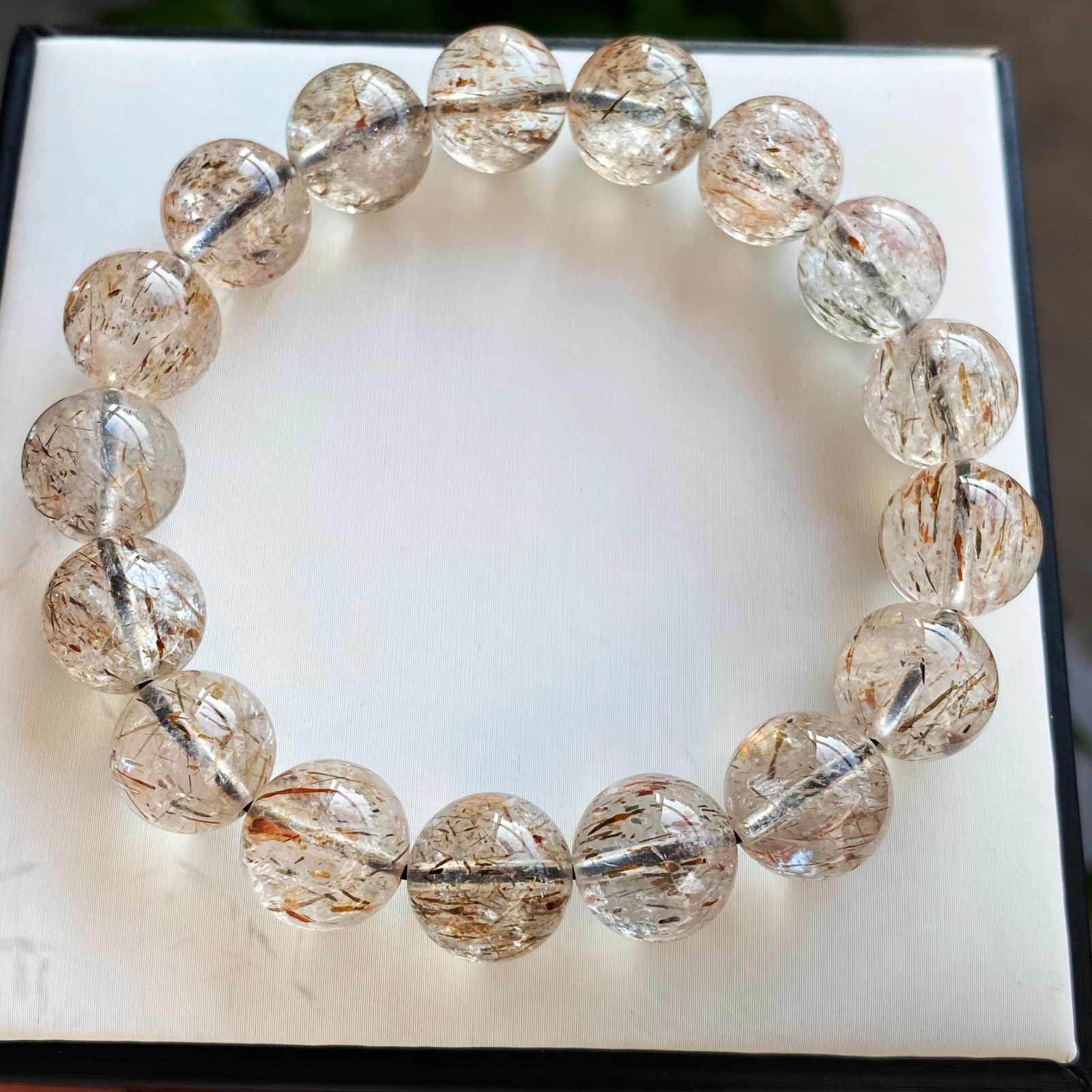 12.9mm Natural Black Gold Rutilated Super 7 Quartz Crystal Beads Bracelet 2571