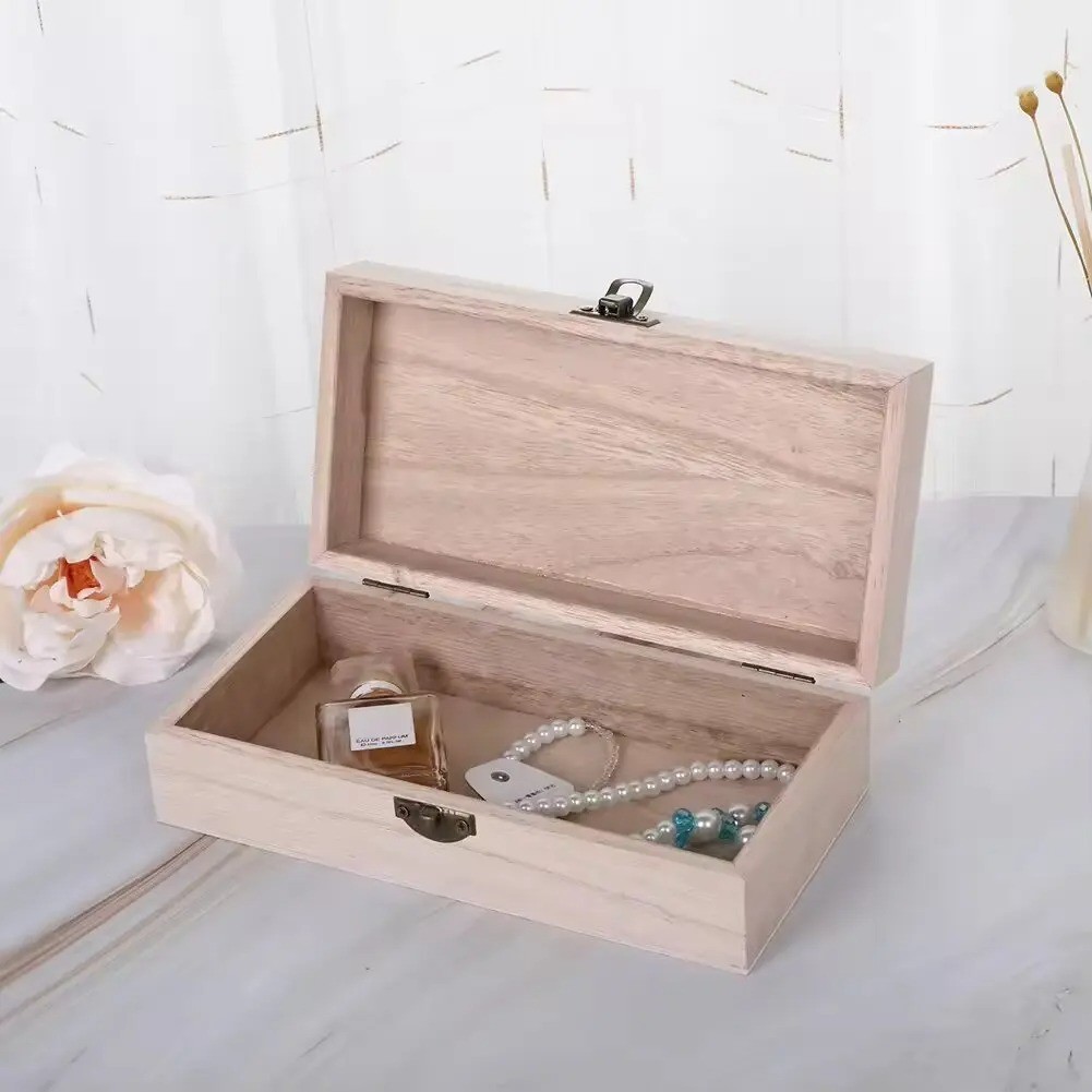 Vintage Wooden Storage Box Rectangular Clamshell Jewelry Keepsake Gift Organizer
