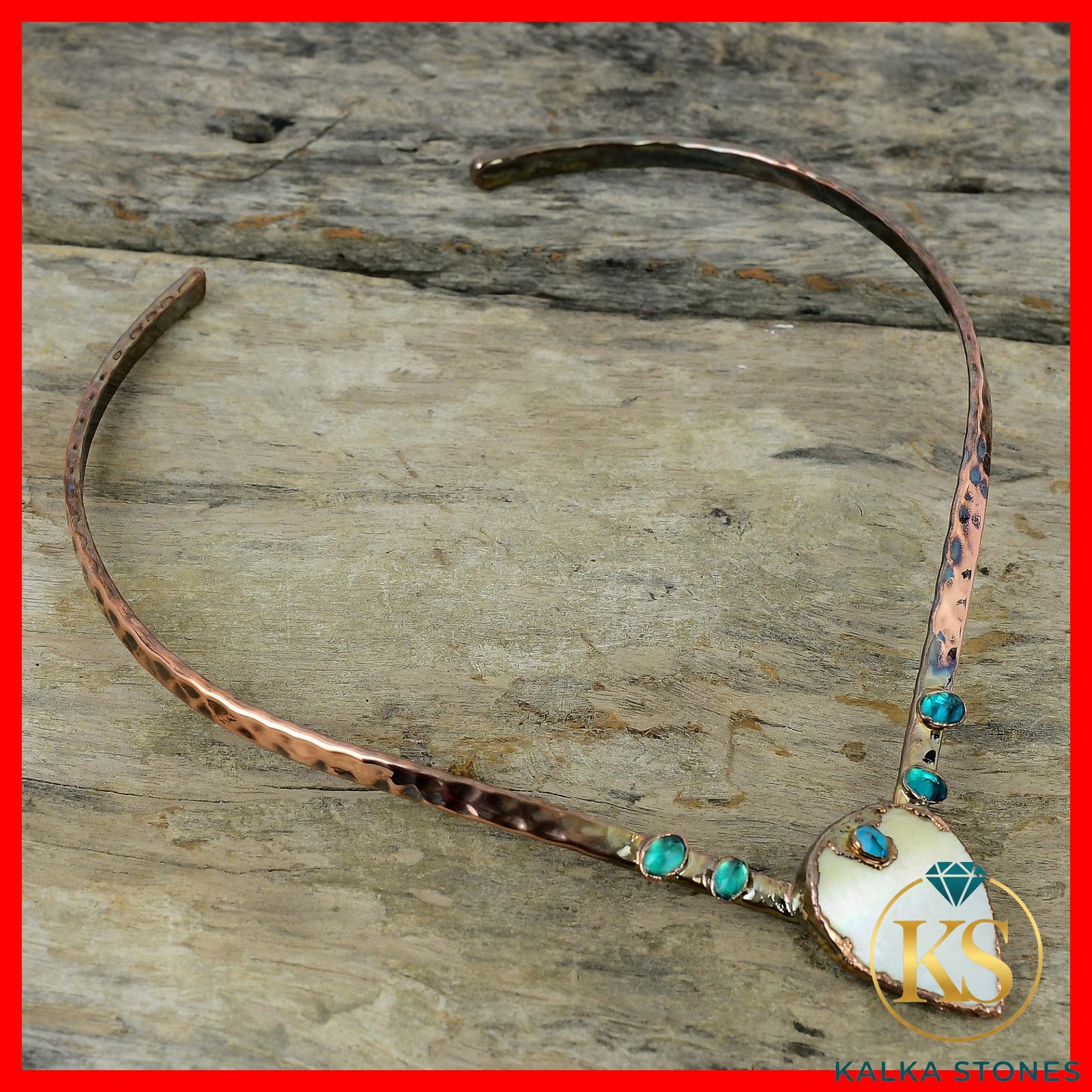 Mother Of Pearl Stone Indicolite Electroformed Choker Necklace Jewelry Copper