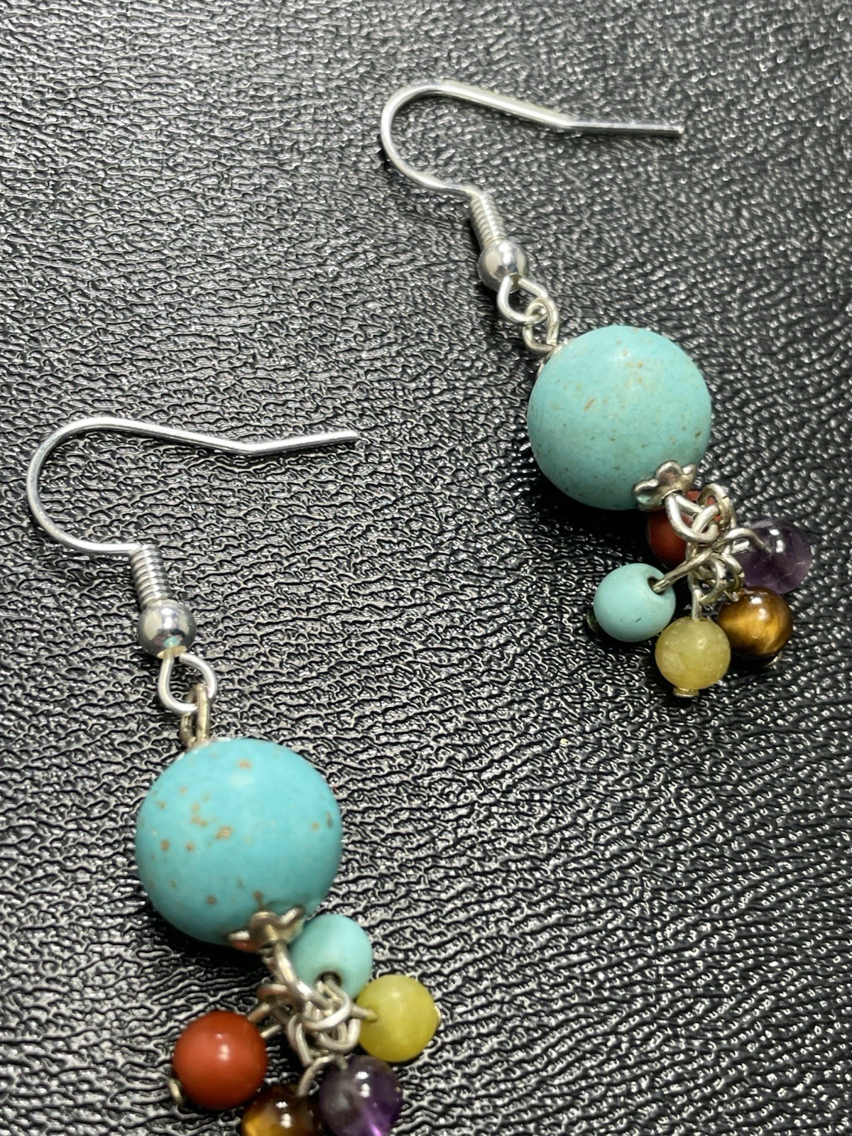 Vintage 1.6” Turquoise & Colorful Gemstone Charm Beaded Dangle Earrings