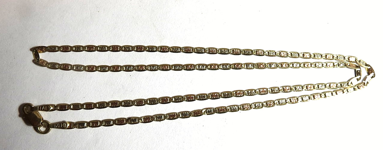 VINTAGE ITALY 14K SOLID YELLOW GOLD 2-TONE NECKLACE CHAIN 16.5″ LONG 3 GRAMS