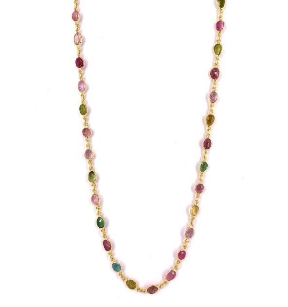 Multi Tourmaline Handmade Gold Polish 925 Sterling Silver Necklace 18″, Gift Her