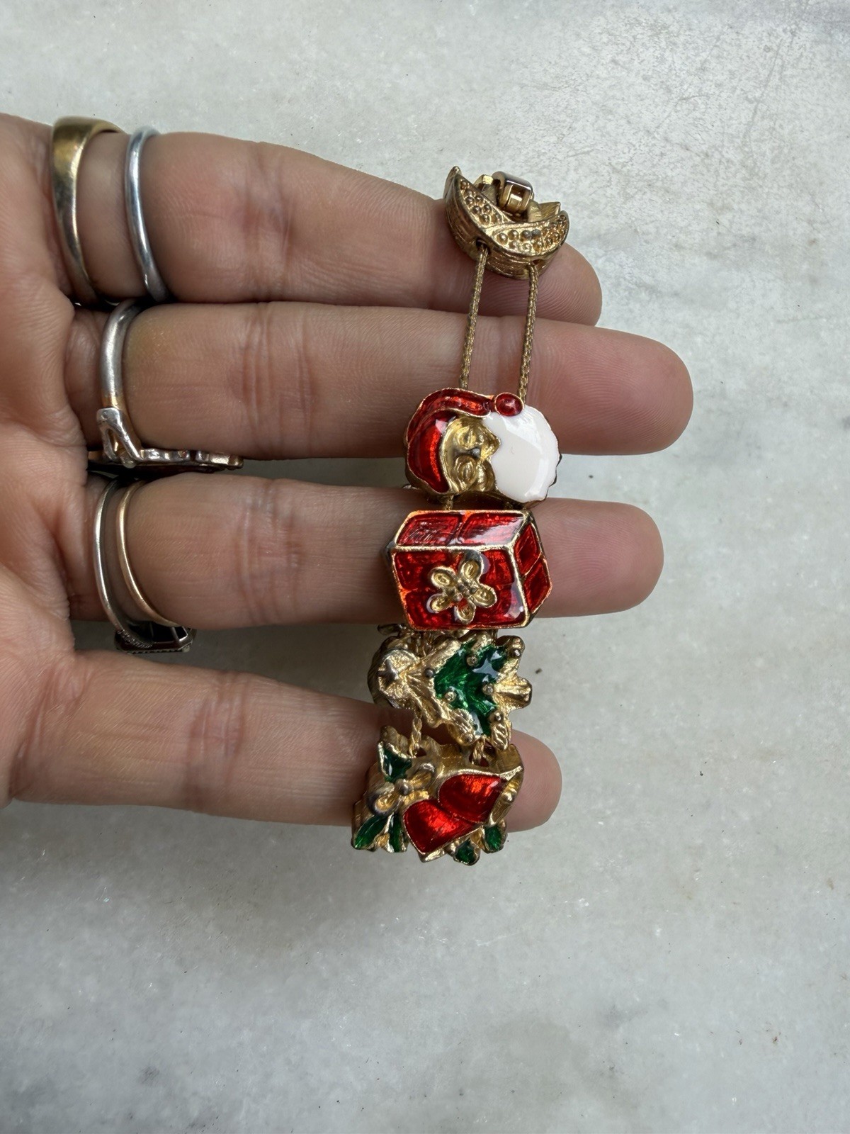 Gold Tone Enamel Christmas Holiday Charm Bracelet Red Green White Box Clasp