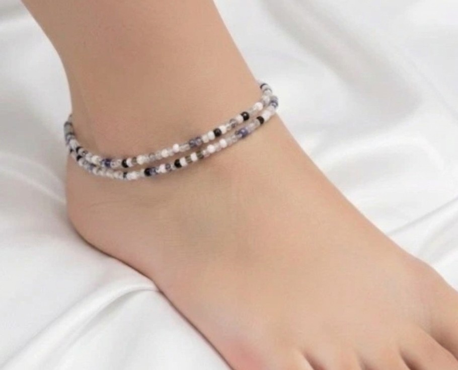 2x BLACK BLUE GREY CLEAR MULTI SEED BEAD STRETCH ANKLET – 24CM