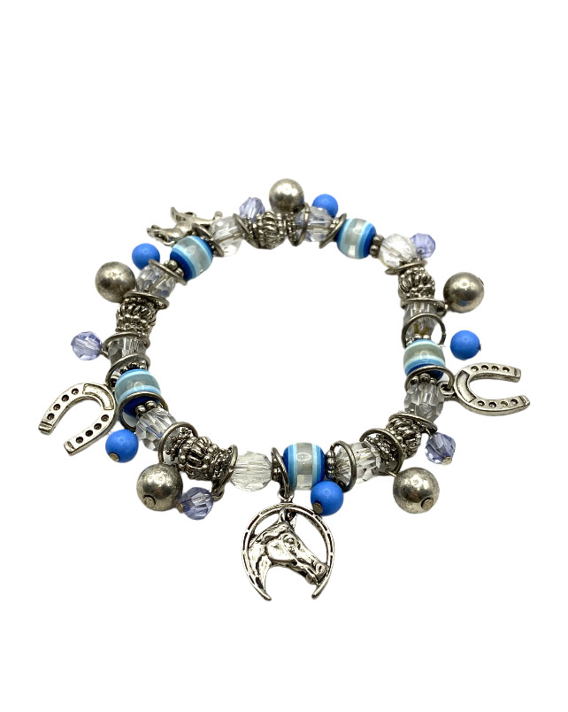 Blue-Clear Beaded Stretch Horse Horseshoe Charm Bracelet Silver Tone Equestrian