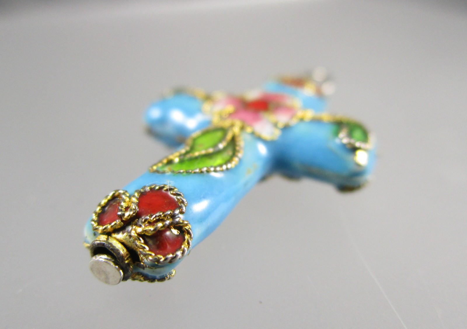Vintage Cloisonne Blue Red Green Floral Enamel CROSS Pendant for Necklace 1046