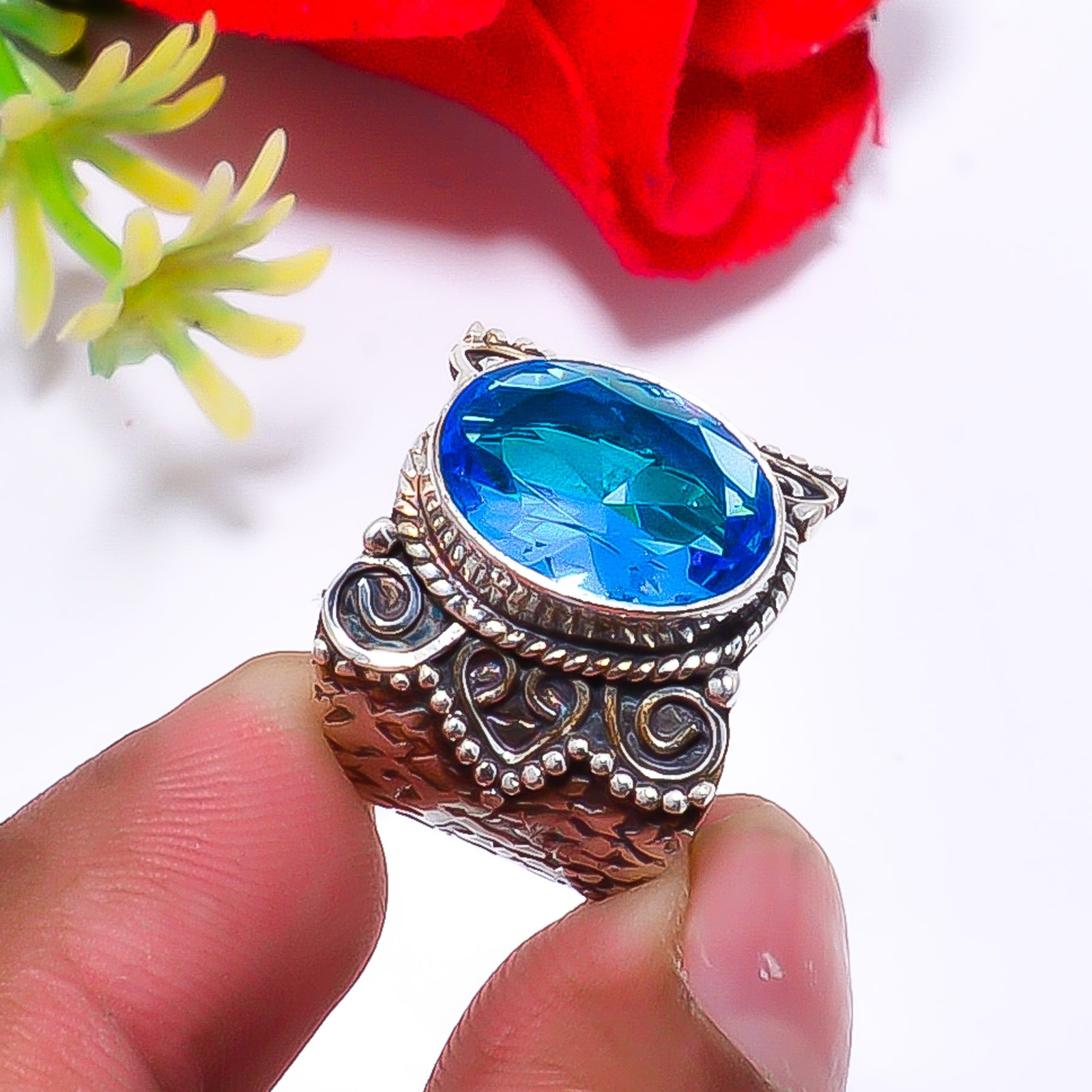 Blue Topaz Designer Handmade 925 Sterling Silver Ring S.7.5 R115723