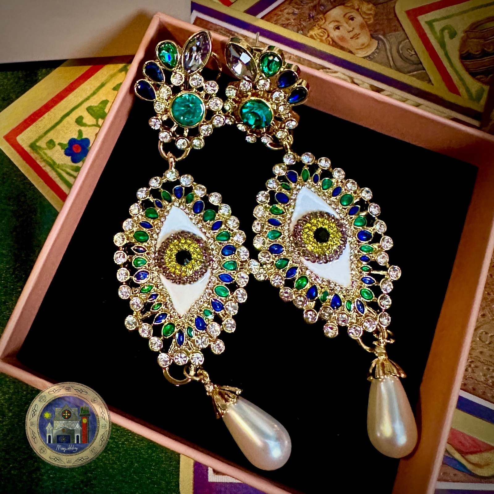 Mystic Eye Earrings Rhinestone Crystal Pearl Drop Gold Tone 925 Silver Posts